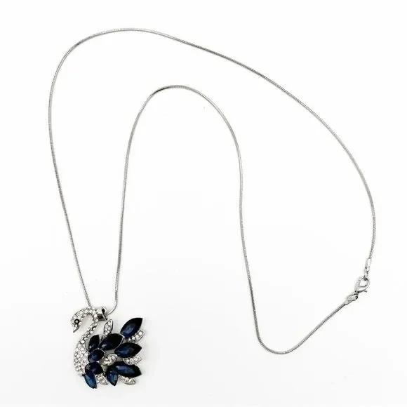 Louise Elliott Silver Tone Blue & Clear Crystal Swan Bird Pendant Necklace 29” - Picture 2 of 7